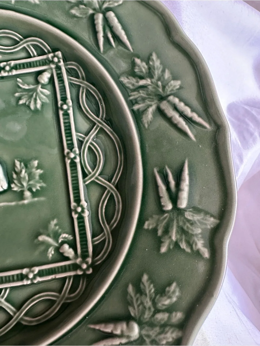 Bordallo Pinheiro Rabbit Plate Portugal | Green Majolica Bunny & Carrots 9.25”